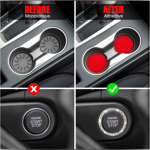 2 Car Cup Holder Coaster with 1 Push Start Button Bling [3Pcs], Bling Crystal - Picture 6 of 7